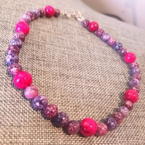 Handmade Beaded Anklet Red and Purple Dyed Stones - New Item (11")